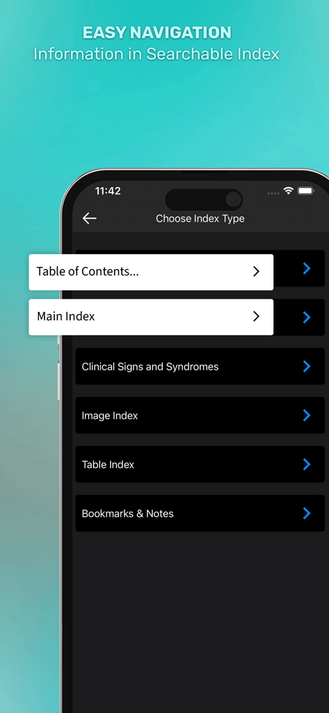5 Minute Veterinary - 5分間獣医アプリの検索可能なインデックス画面。臨床徴候や画像インデックスなどのさまざまなナビゲーションオプションが表示されています。