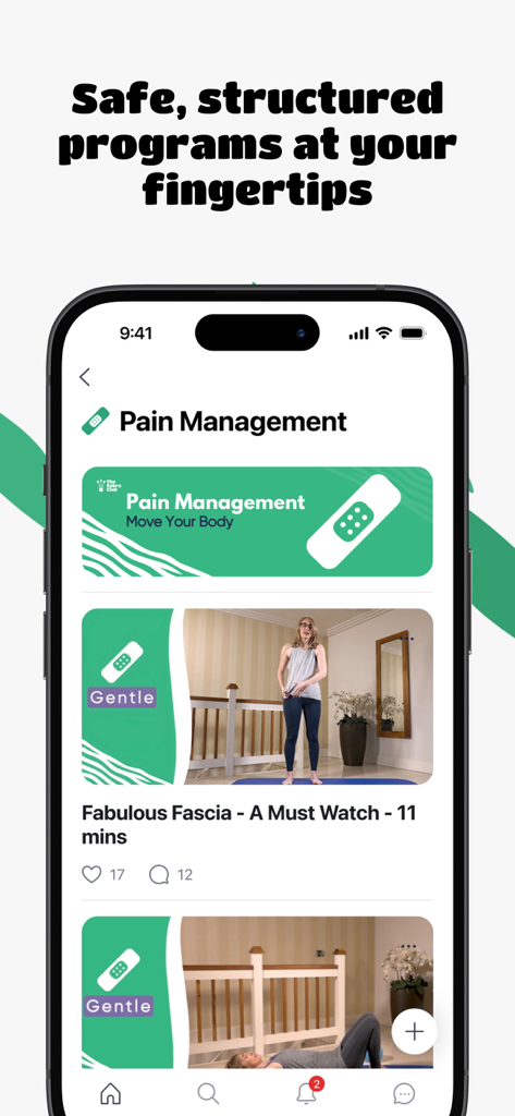 The Zebra Club - Pantalla del teléfono inteligente que muestra la sección de Manejo del Dolor de la aplicación The Zebra Club con clases de video de movimiento suave
