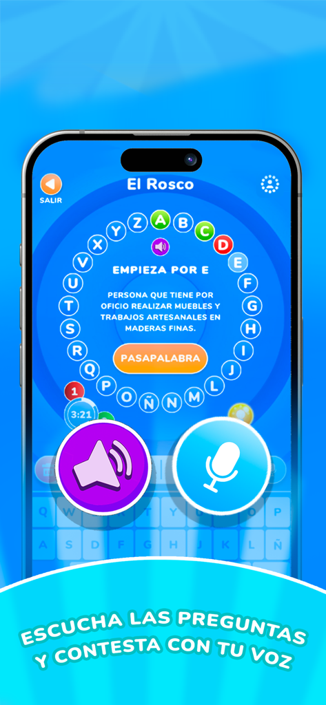 Pasapalabra: Juego Quiz de TV - Pasapalabra official app screenshot showing El Rosco game mode with voice answer feature