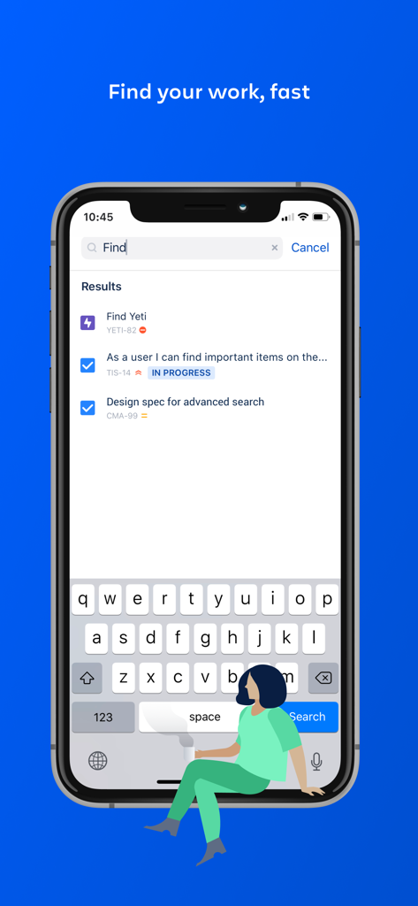 Interfaz de la aplicación móvil Jira Data Center que muestra una barra de búsqueda y una lista de resultados de incidencias del proyecto.