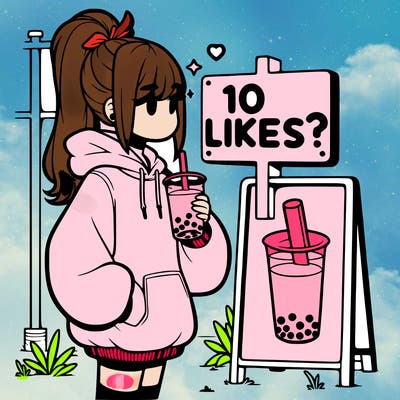 girl with oversized hoodie drinking boba and she has a high ponytail with a sign that says 10likes?
