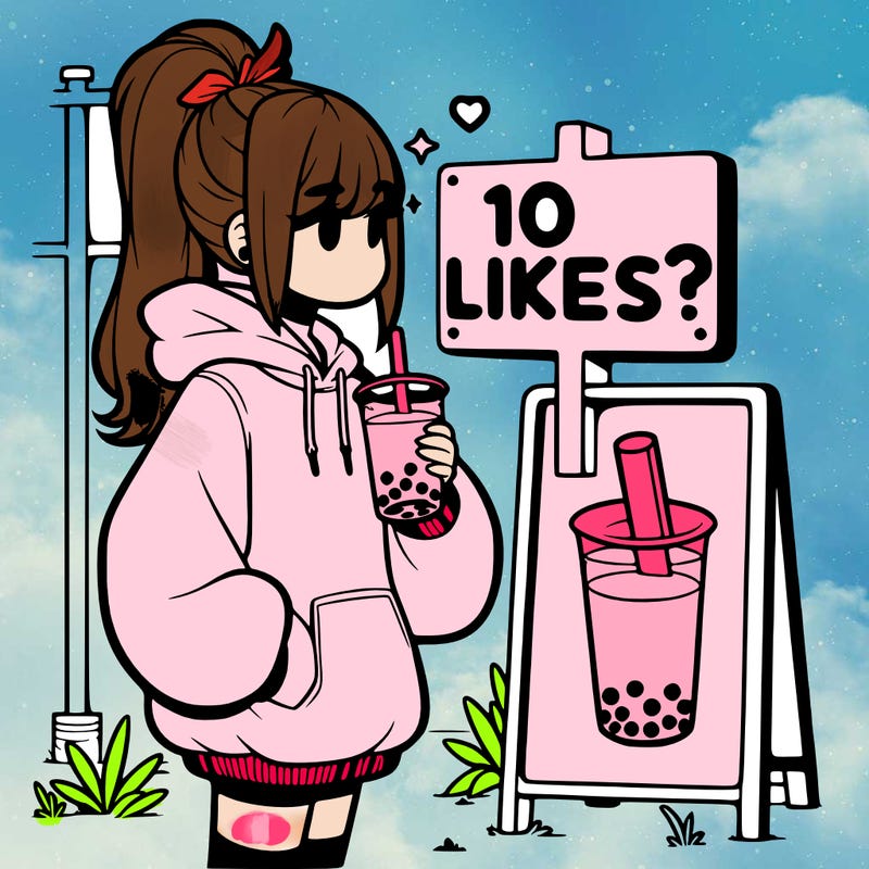 girl with oversized hoodie drinking boba and she has a high ponytail with a sign that says 10likes?