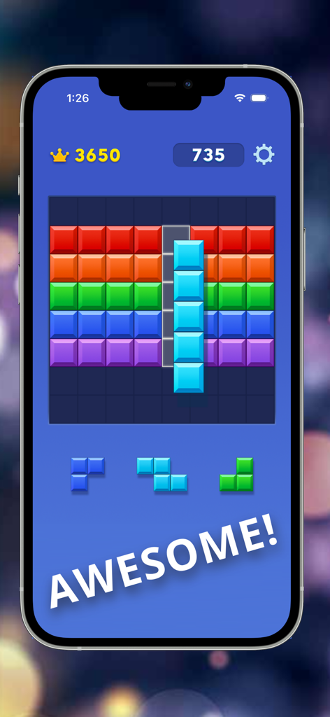 Block Blast: Puzzle Game - Pantalla de juego de Block Blast Puzzle Game mostrando bloques coloridos en una cuadrícula de 8x8 con un mensaje de "Impresionante"