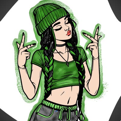 realistic teenage girl with braids and a beanie and crop top doing 🫶🏼