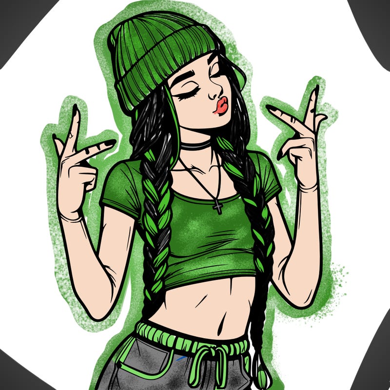 realistic teenage girl with braids and a beanie and crop top doing 🫶🏼