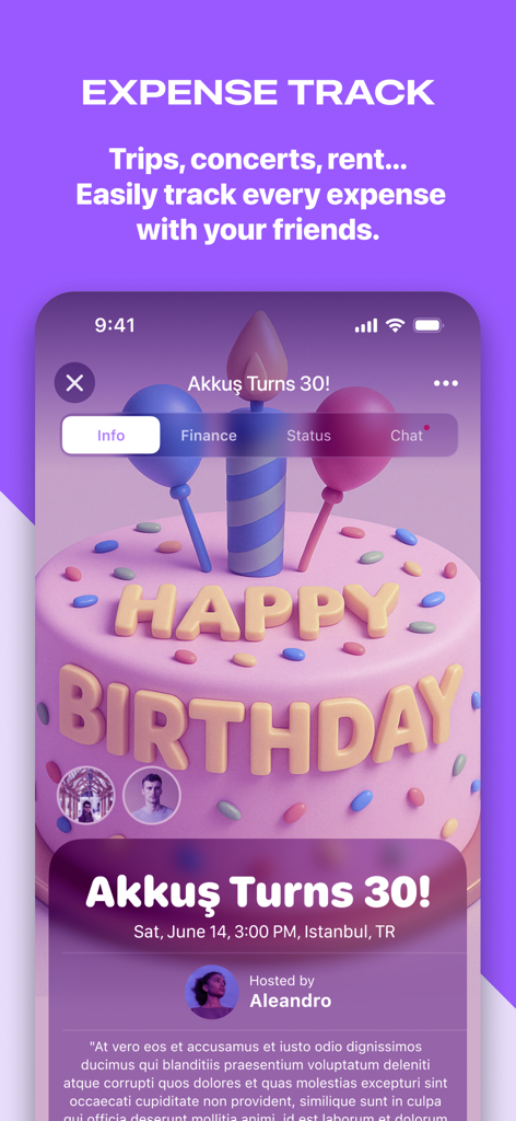 Kassa app screenshot showing birthday event details and group expense tracking features