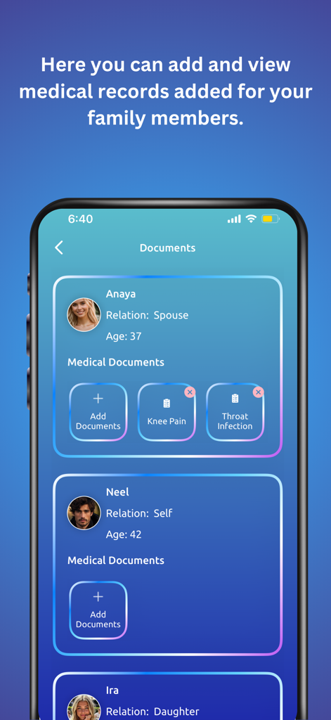 MediTrack - Family Health - Interface de l'application MediTrack montrant des documents et dossiers médicaux organisés pour plusieurs profils de membres de la famille
