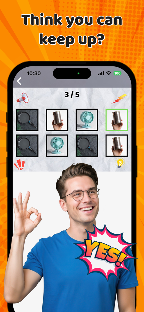 Say The Word On Beat – Game - A mobile screen showing the Say The Word On Beat rhythm game challenge with a smiling player.