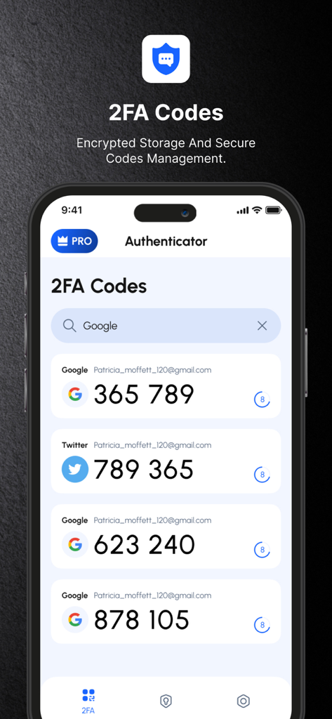 2FA Authenticator™ MFA Authy - Interface of the 2FA Authenticator app showing a list of encrypted two-factor authentication codes for Google and Twitter accounts