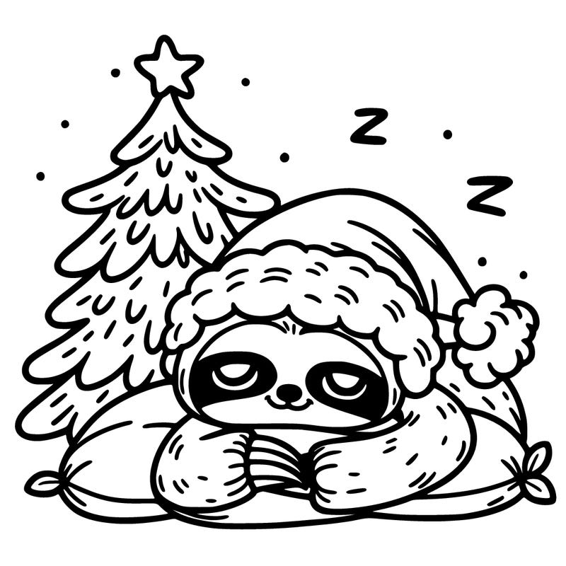 a cute sloth sleeping with a christmas tree in the background