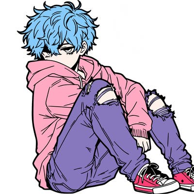 a male hoddie ripped jeans messy hair anime