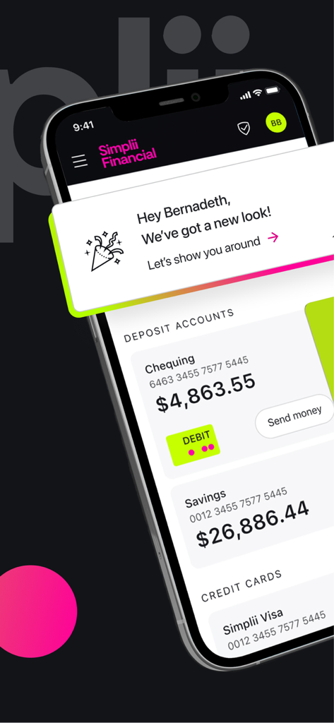 Simplii Financial - Simplii Financial Mobile App Dashboard mit Kontostandsanzeigen für Giro- und Sparkonto.