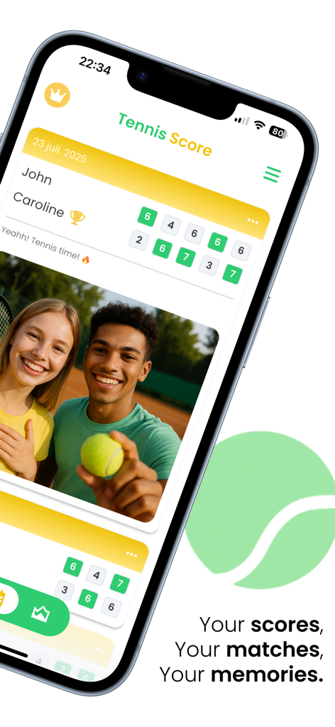Tennis - Scorekeeper & Counter - A mobile app interface displaying tennis match scores and a photo of two smiling players on a tennis court