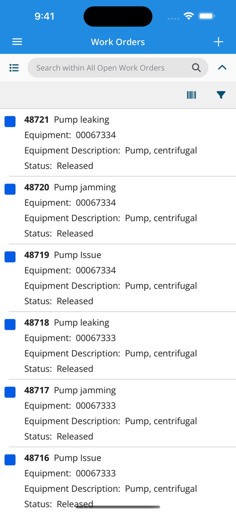 List of open work orders for centrifugal pump maintenance in the HxGN EAM Digital Work app