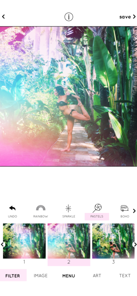 Rainbow Love - A screenshot of the Rainbow Love app applying a dreamy pastel filter to a yoga photo.