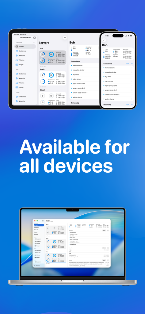 iPhone、iPad、Macに表示されたWhaleDeck DockerマネージャーGUI。クロスデバイスの互換性を示しています。