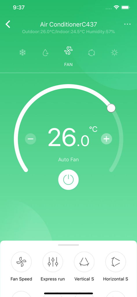 Midea Air app screen showing smart air conditioner temperature and mode controls