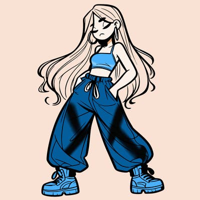 girl in baggy pants crop top and long hair
