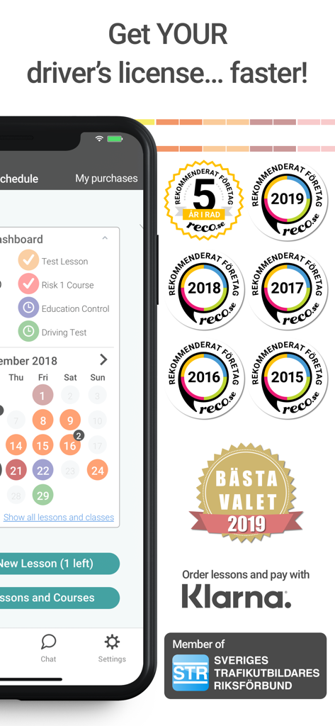 Mitt Körkort - Dashboard of the My Driving Academy app showing a lesson schedule and multiple industry awards