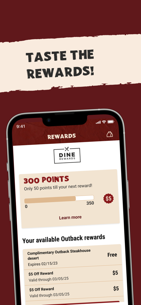 Outback Steakhouse app screen showing Dine Rewards points and available offers