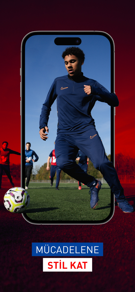 A soccer player wearing a Nike tracksuit running on a field, displayed on a smartphone screen for the Intersport sports shopping app.