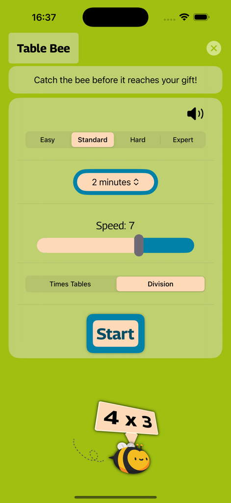 Tafels trainer - Settings screen for the Table Bee math game in the Tafels trainer app showing difficulty levels and speed options