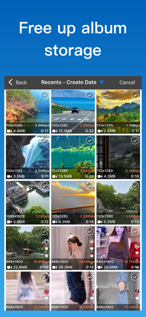 Interface of a video compressor app displaying a grid of videos with their file sizes for batch selection
