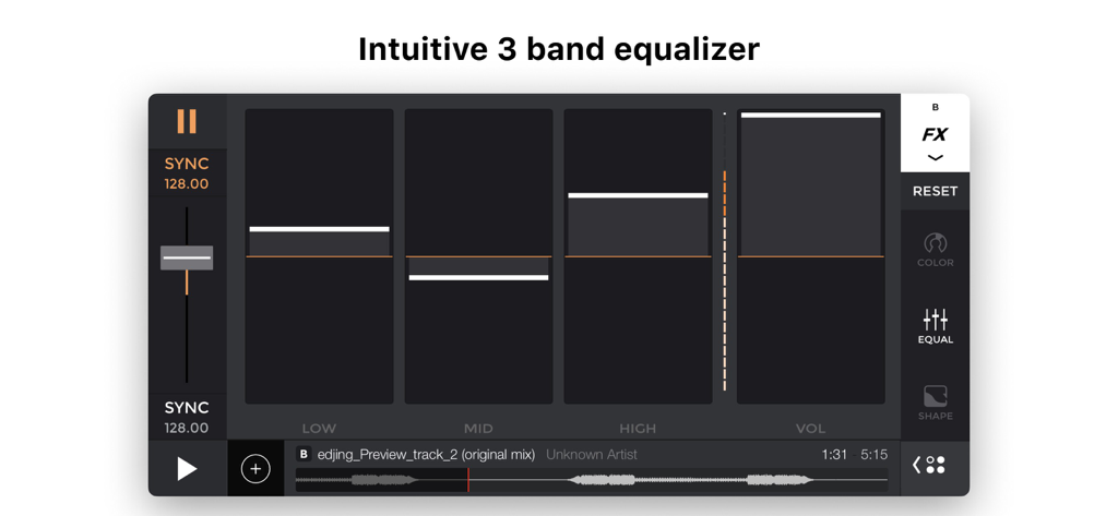 edjing Pro - music remix maker - Interfaz de la aplicación edjing Pro DJ que cuenta con un ecualizador intuitivo de 3 bandas para ajustar frecuencias bajas, medias y altas.