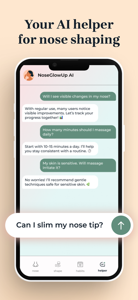 Interfaz de chat de asistente IA en la aplicación Nose Glow Up proporcionando consejos personalizados para la forma de la nariz y el yoga facial