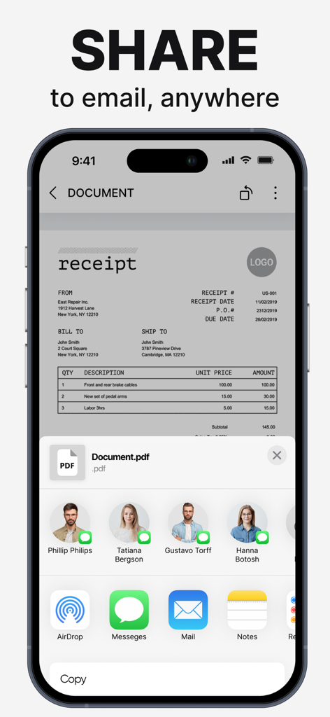 iPhoneの画面に、PDFスキャナーアプリのインターフェイスが表示され、スキャンした領収書をメールやその他のモバイルサービスで共有するオプションが表示されている