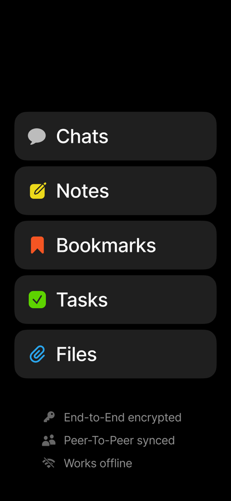 Menu principale dell'app Anytype che mostra opzioni per chat, note, segnalibri, attività e file con informazioni sullo stato di sicurezza e offline.