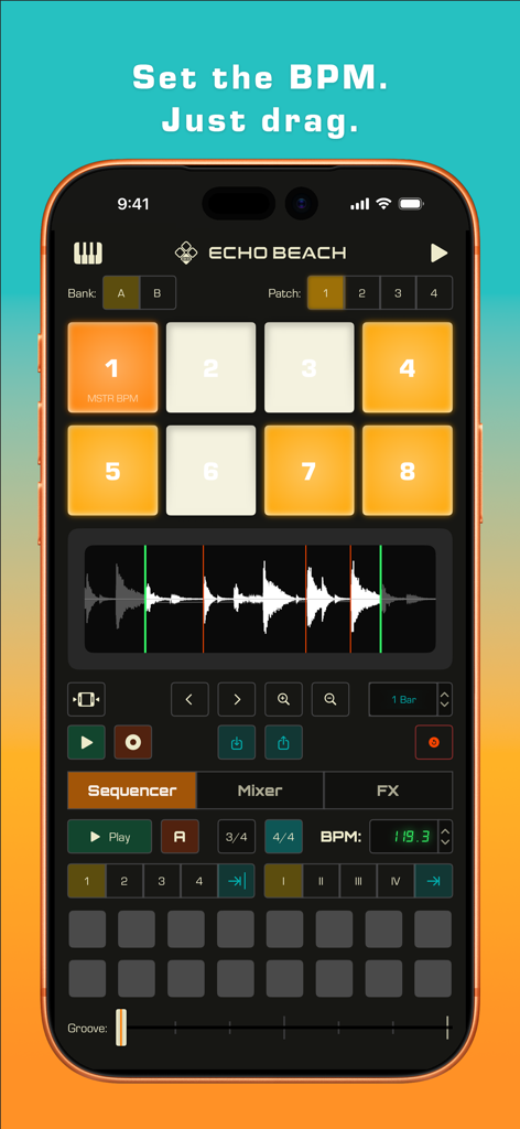 Interface of the Echo Beach music sampler app with 8 pads and a sequencer