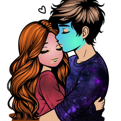 a realistic couple boy and girl hugging and kissing