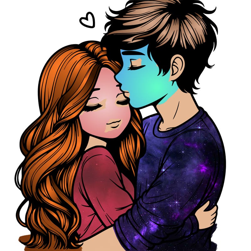 a realistic couple boy and girl hugging and kissing