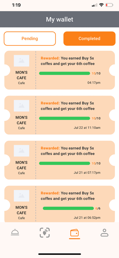The Digital Loyalty app wallet screen showing a list of completed reward cards for coffee at a cafe with green progress bars.