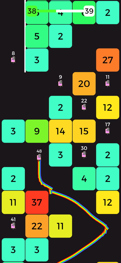 A rainbow snake character navigating through numbered colored blocks in the Snake VS Block mobile game.