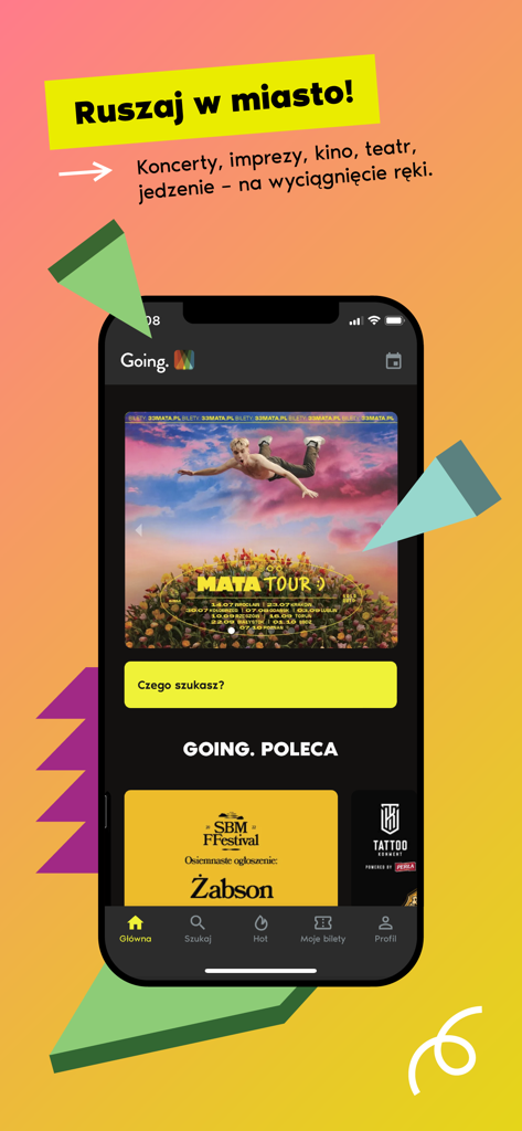 Going. - bilety na koncerty - Mobile app interface of Going showing curated event recommendations and concert tickets on a colorful background