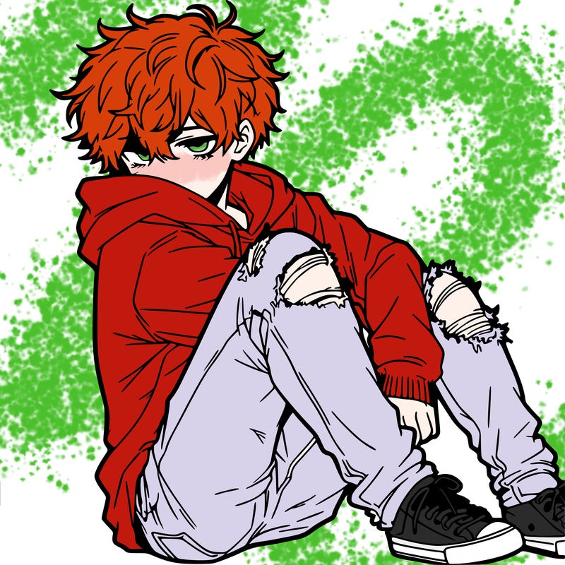 a male hoddie ripped jeans messy hair anime