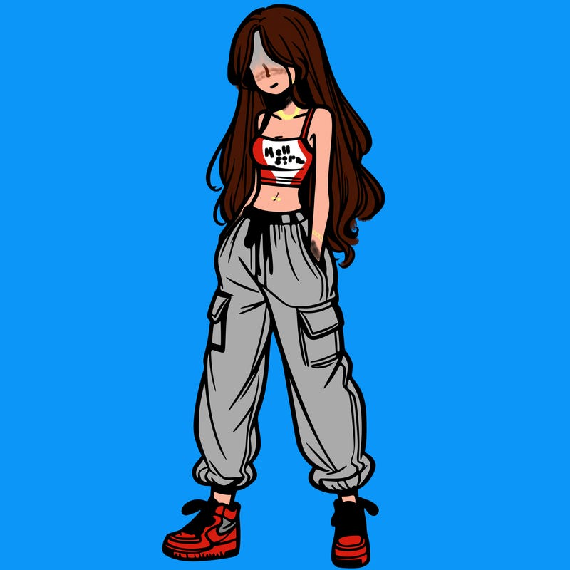 girl in baggy pants crop top and long hair
