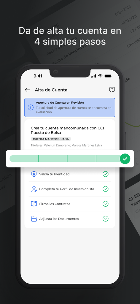 CCI Mobile - Una pantalla de smartphone que muestra los cuatro pasos completados del proceso de registro de cuenta para CCI Mobile, incluida la validación de identidad y la firma de contratos.