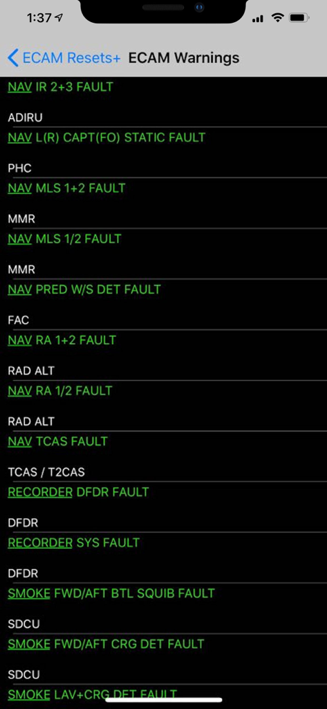 Airbus ECAM Resets+ - Screenshot of the ECAM Warnings section in the Airbus ECAM Resets plus app showing various navigation and recorder faults