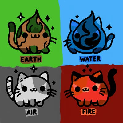 4 cats that represent the different elements, earth, water, air, and fire