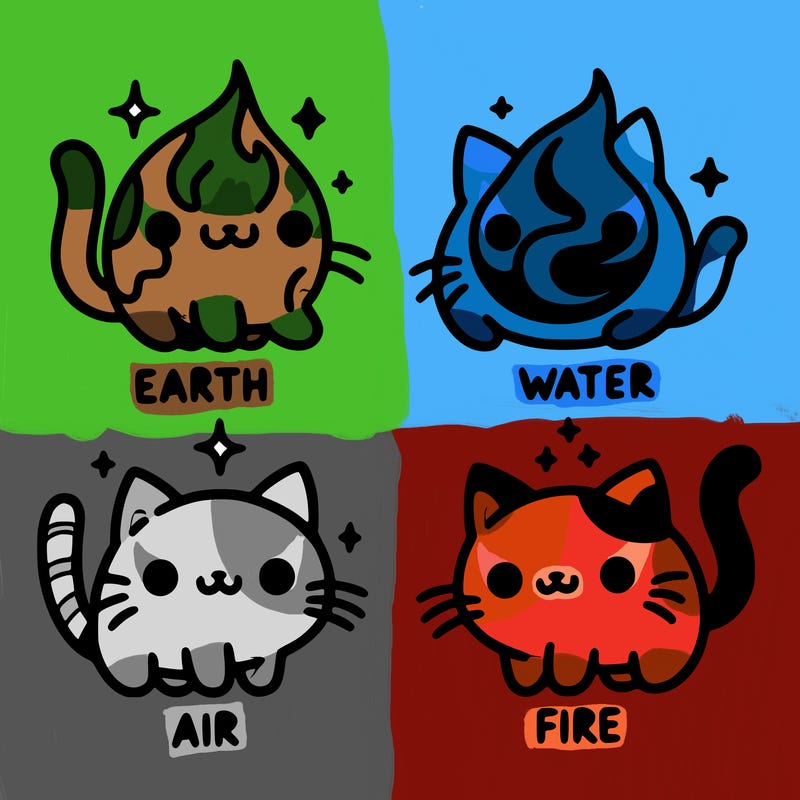 4 cats that represent the different elements, earth, water, air, and fire