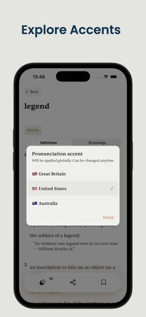 the English Dictionary - Menú para seleccionar acentos de pronunciación en inglés, incluyendo Estados Unidos, Gran Bretaña y Australia