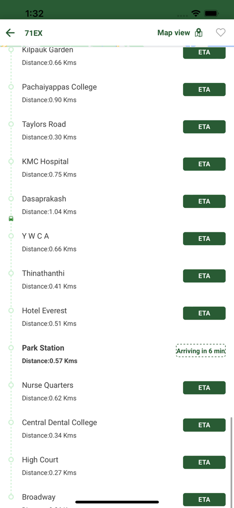 Interface of the Chennai Bus app showing live arrival times for bus stops