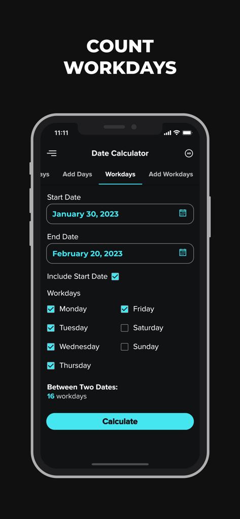 Date & Time Calculator App - Interfaz minimalista de una aplicación móvil que muestra el cálculo de dieciséis días laborables entre dos fechas específicas en modo oscuro.