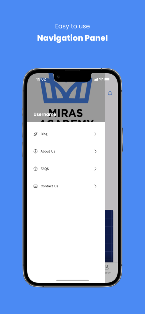 Miras Academy - Miras Academy mobile app navigation panel showing menu options like blog and contact us