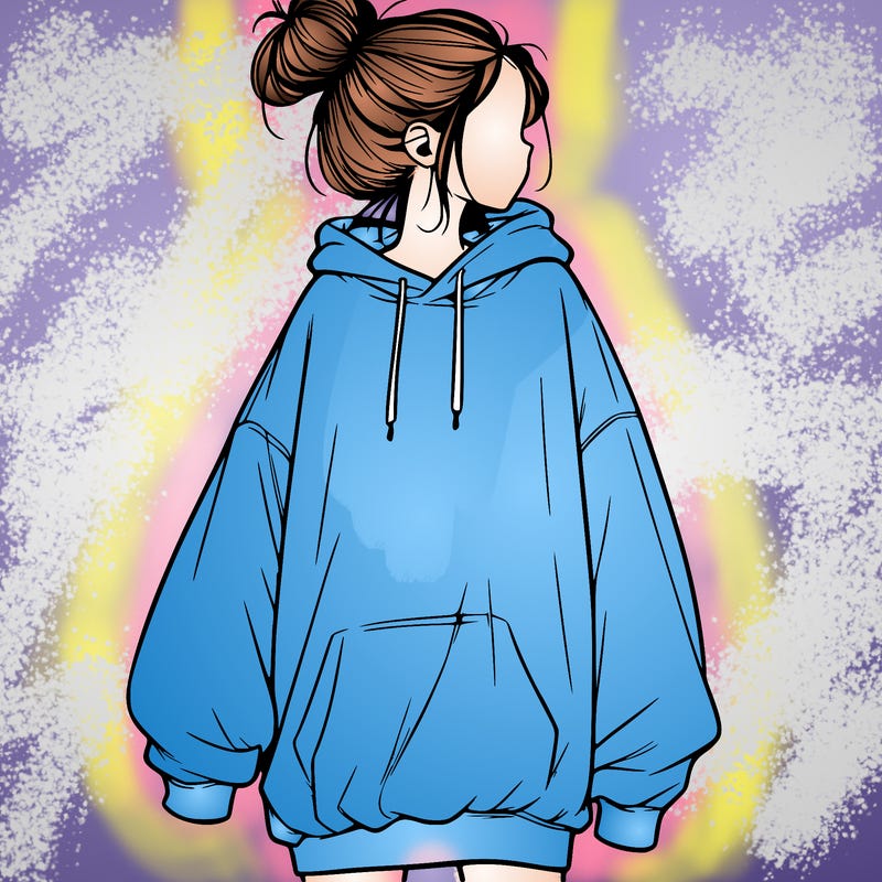 realistic girl with a oversized sweatshirt on and a bun