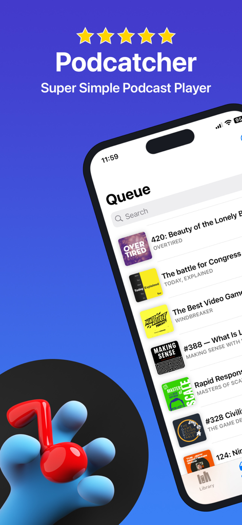Podcatcher app displaying a podcast queue on an iPhone screen.