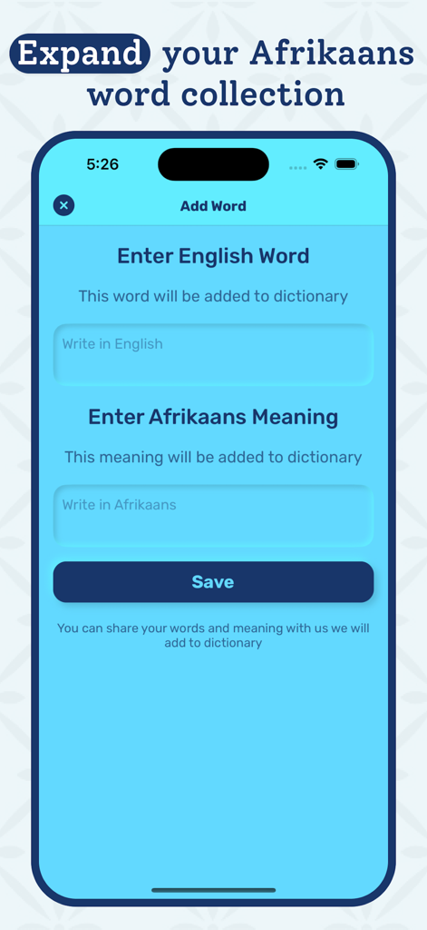Afrikaans Dictionary - Offline - A tela de adicionar palavra do aplicativo Dicionário Offline Suaíli permitindo que os usuários insiram palavras em inglês e seus significados em Suaíli